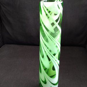 Green Hand Blown Vase White Swirl Design 11.5" Tall